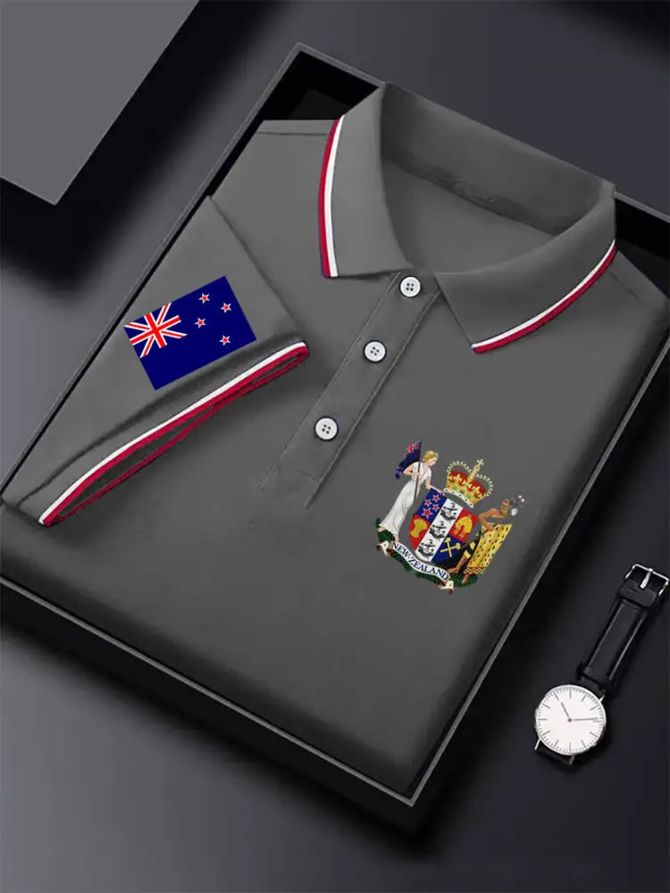 Men’s Vintage New Zealand Flag Crown Printed Casual Cotton Short Sleeve Polo Shirt Gray / S