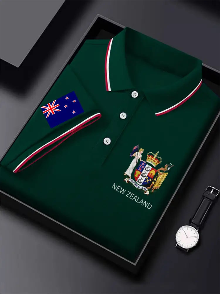 Men’s Vintage New Zealand Flag Crown Printed Casual Cotton Short Sleeve Polo Shirt Green / S