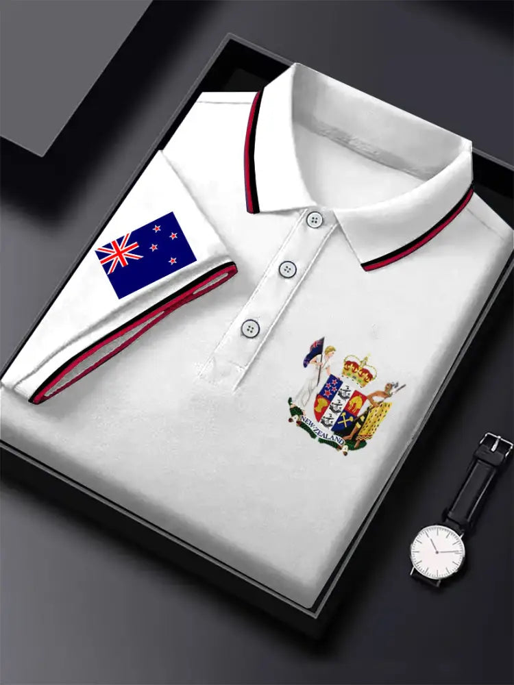 Men’s Vintage New Zealand Flag Crown Printed Casual Cotton Short Sleeve Polo Shirt White / S