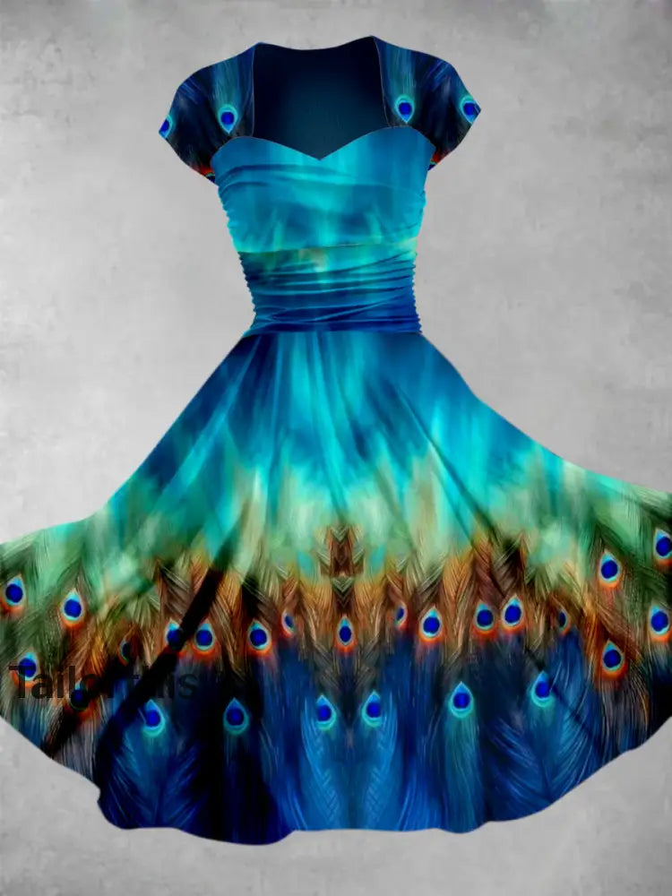 Peacock Feather Art Print V-Neck Vintage Chic Short Sleeve Midi Dress main image 0