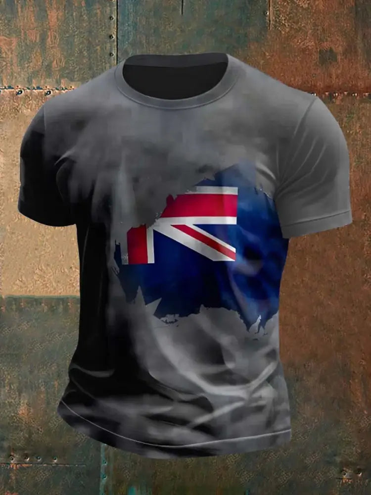 Retro Australian Flag Badge Map Print Casual Cotton Short Sleeve T-Shirt Gray / S
