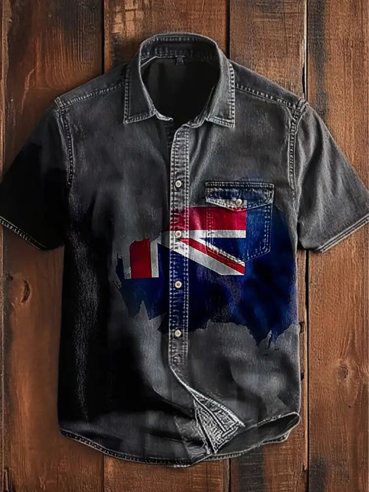 Retro Australian Flag Badge Region Print Casual Short Sleeve Pocket Shirt Gray / S