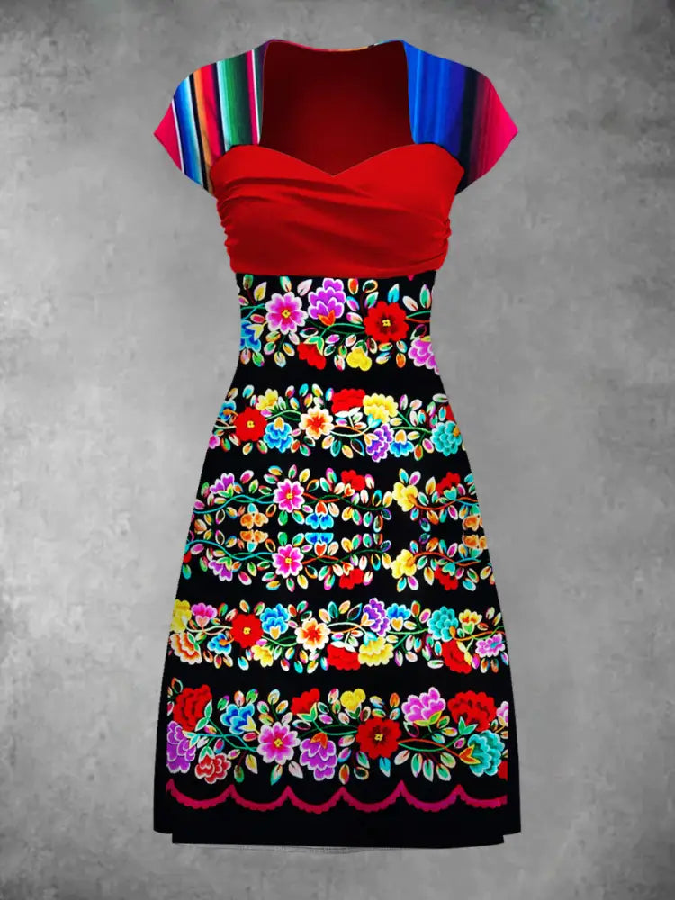 Retro Mexican flowers Art Print Short Sleeve Dress A / S Women’s Clothing