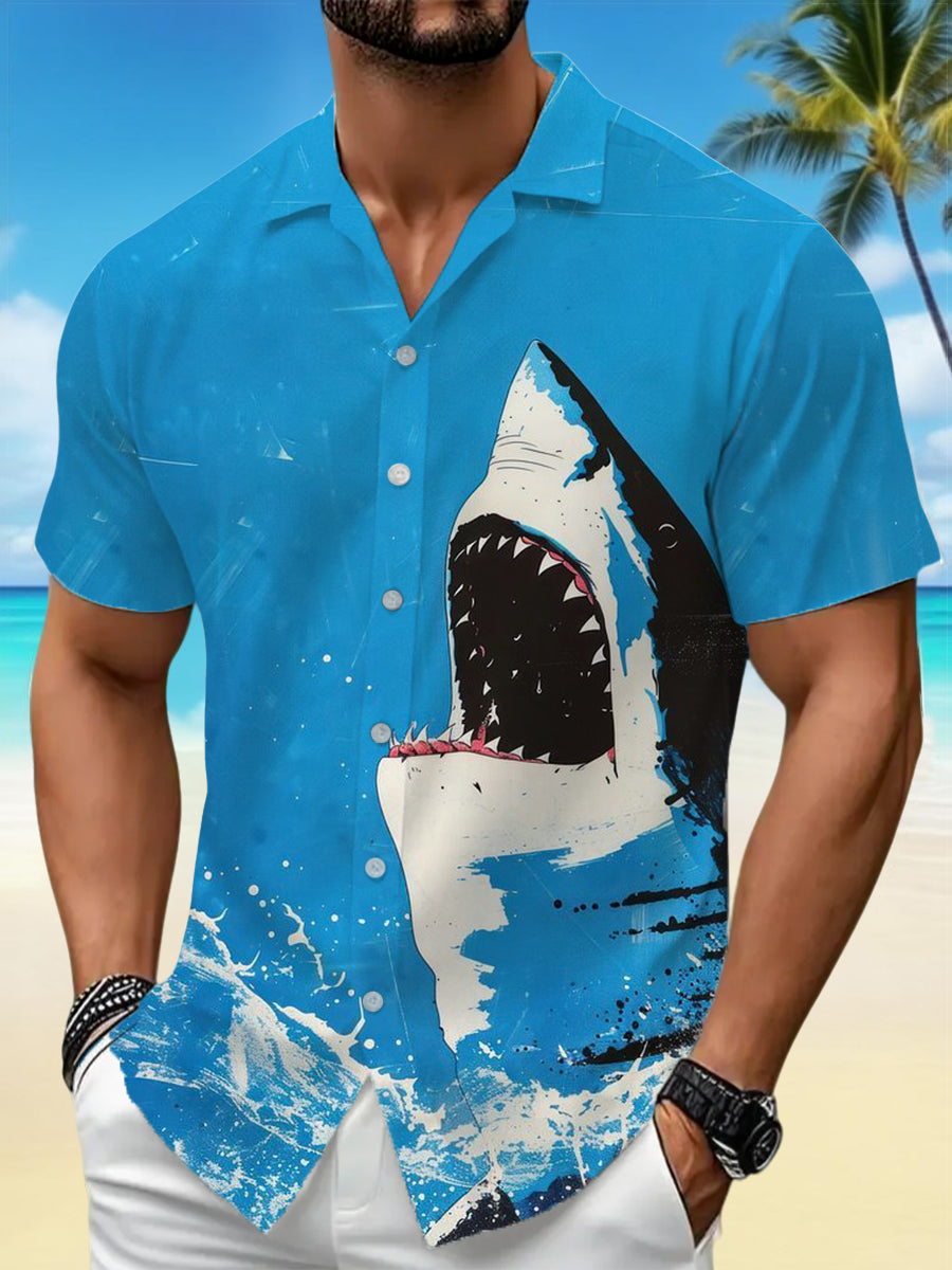 Men's Shark Print Casual Short-Sleeve Vacation Shirt