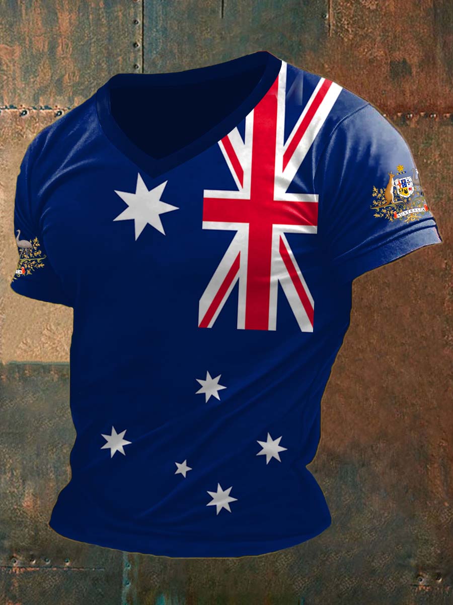 Men's Vintage Australian Flag Badge Print Comfortable Casual Cotton V-neck T-shirt