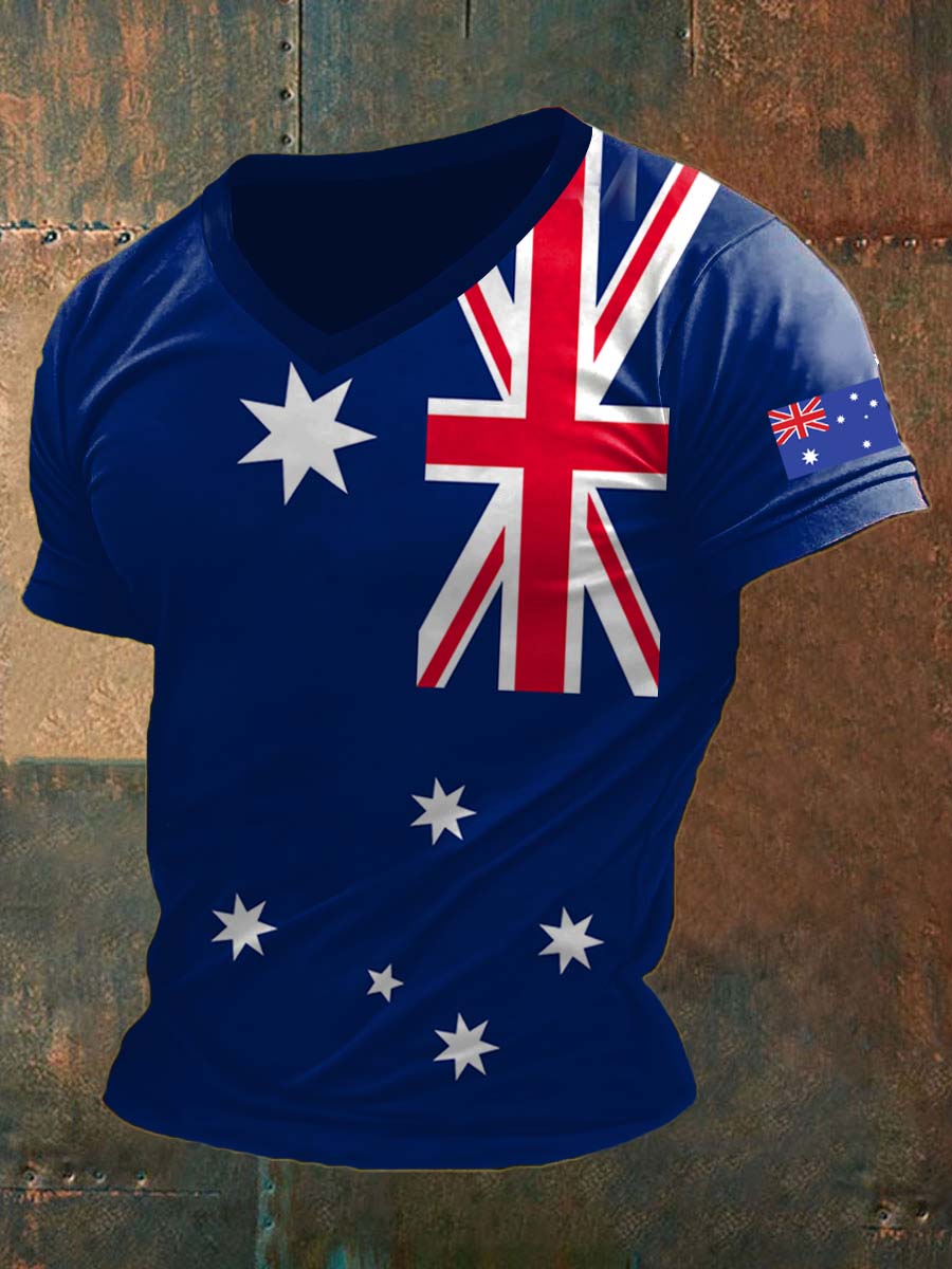 Men's Vintage Australian Flag Badge Print Comfortable Casual Cotton V-neck T-shirt