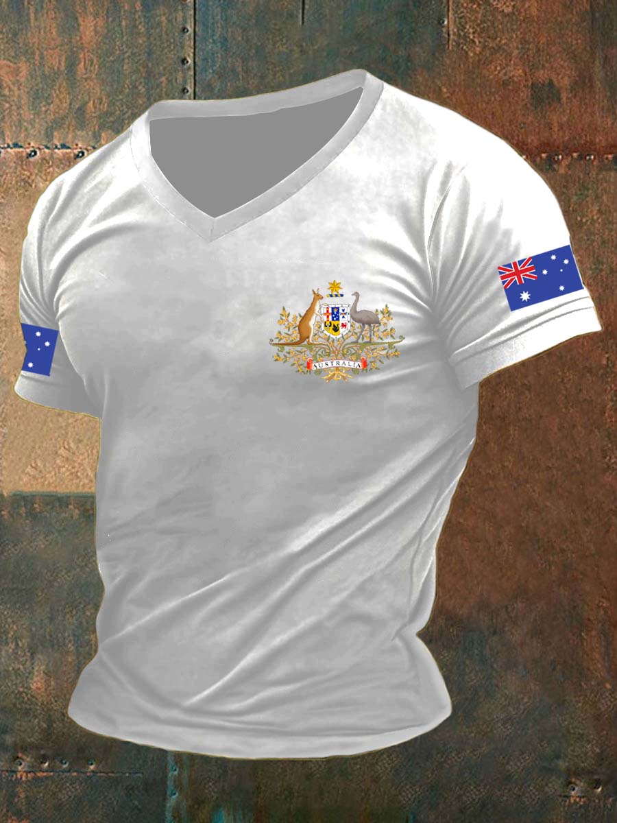 Men's Vintage Australian Flag Badge Print Comfortable Casual Cotton V-neck T-shirt