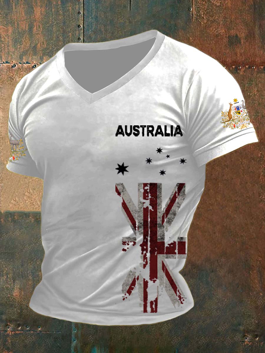 Vintage Australian Flag Badge Print Comfortable Casual Cotton V-neck T-shirt