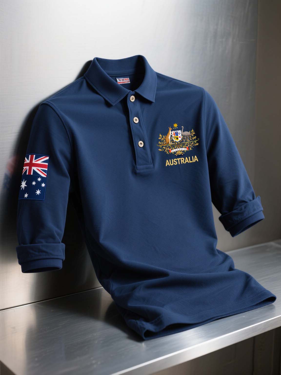 Retro Australian Flag Badge Printed Casual Cotton Long Sleeve Polo Shirt