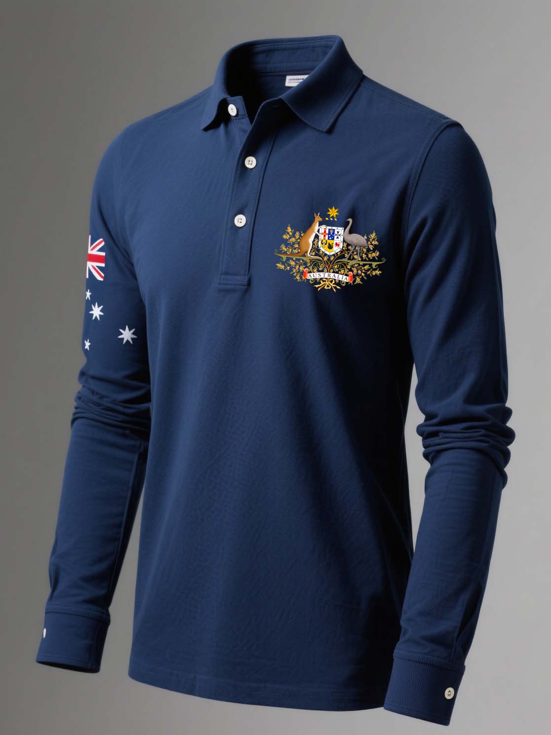 Retro Australian Flag Badge Printed Casual Cotton Long Sleeve Polo Shirt