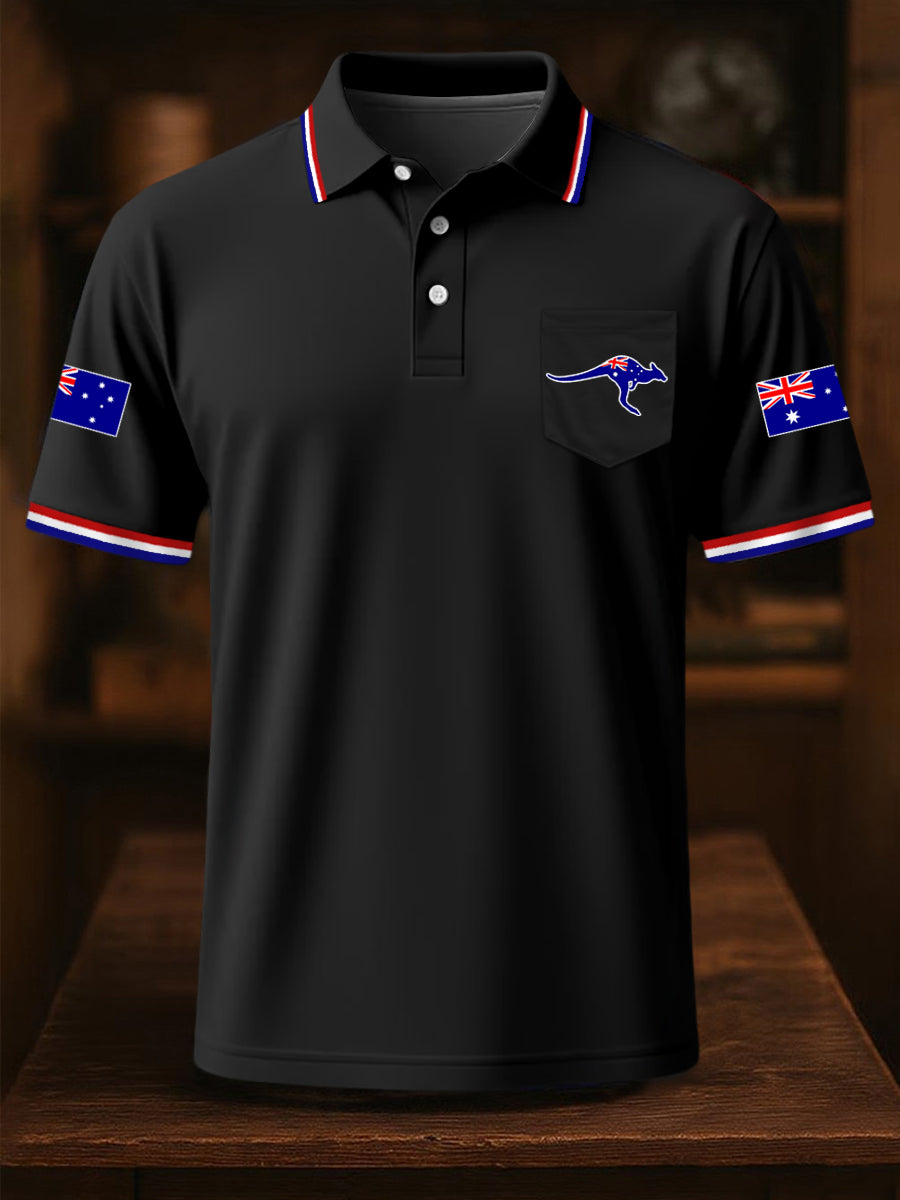 Men's Australian Flag Kangaroo Print Casual Pocket Top