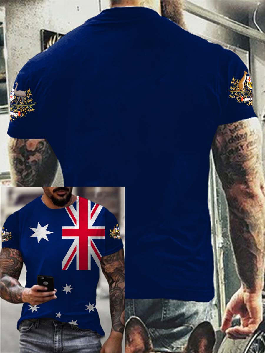 Vintage Australian Flag Badge Print Casual Cotton Short Sleeve T-Shirt