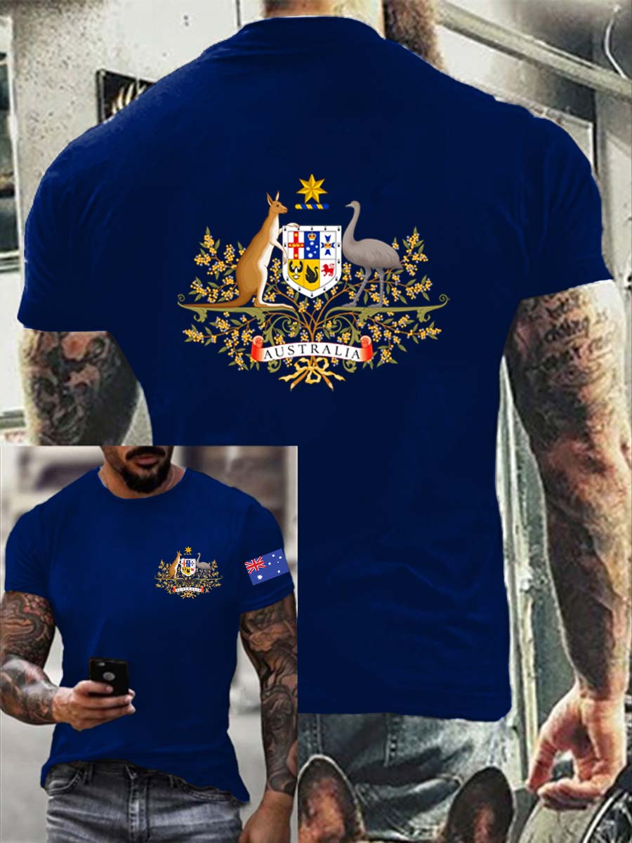 Vintage Australian Flag Badge Abstract Print Casual Cotton Short Sleeve T-Shirt