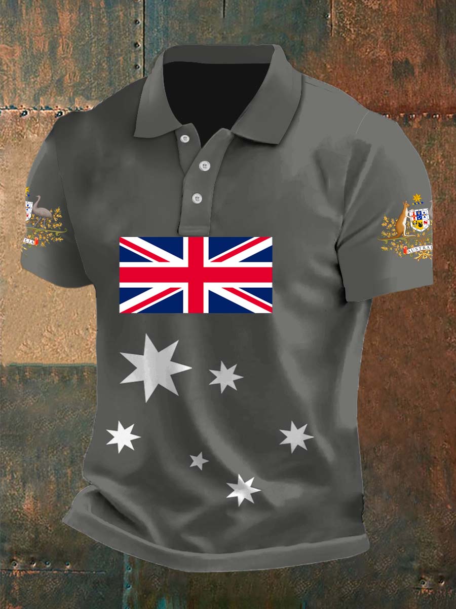 Vintage Australian Flag Badge Printed Casual Cotton Short Sleeve Polo Shirt
