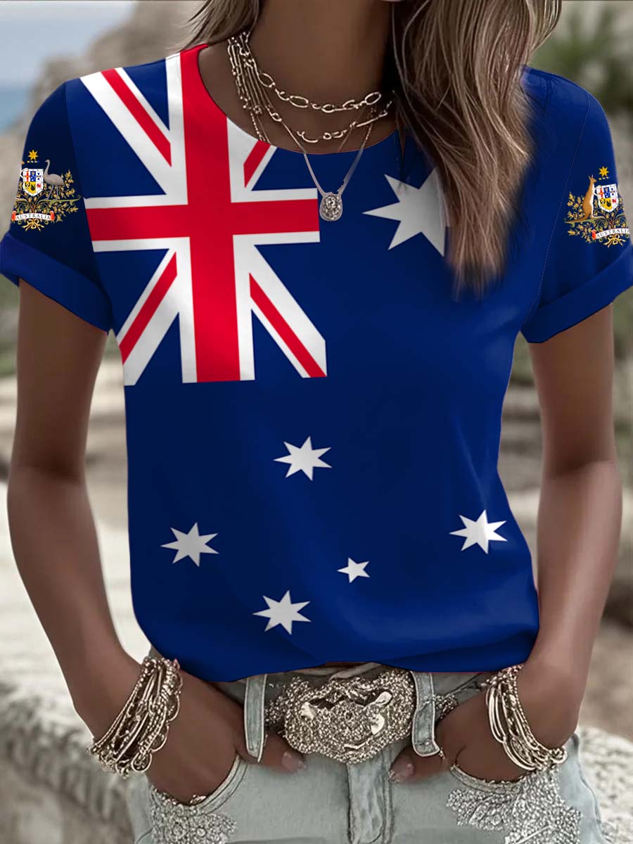 Vintage Australian Flag Badge Print Comfortable Casual Cotton Short-sleeved T-shirt