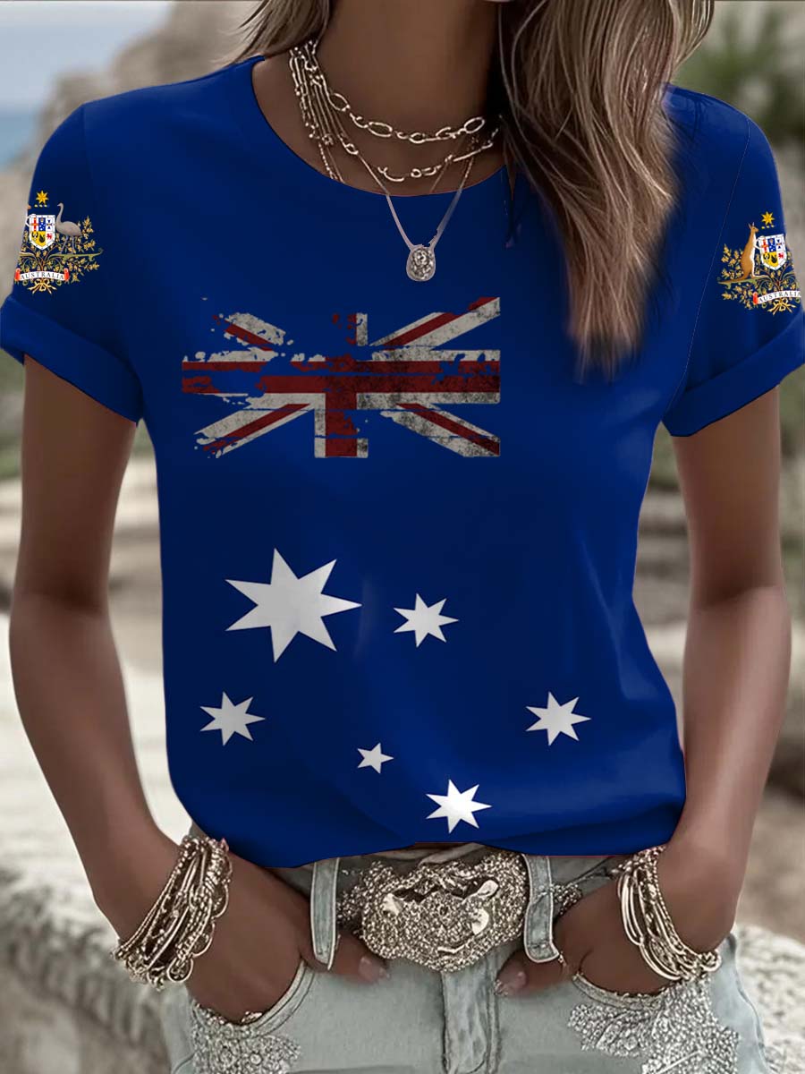 Vintage Australian Flag Badge Print Comfortable Casual Cotton Short-sleeved T-shirt