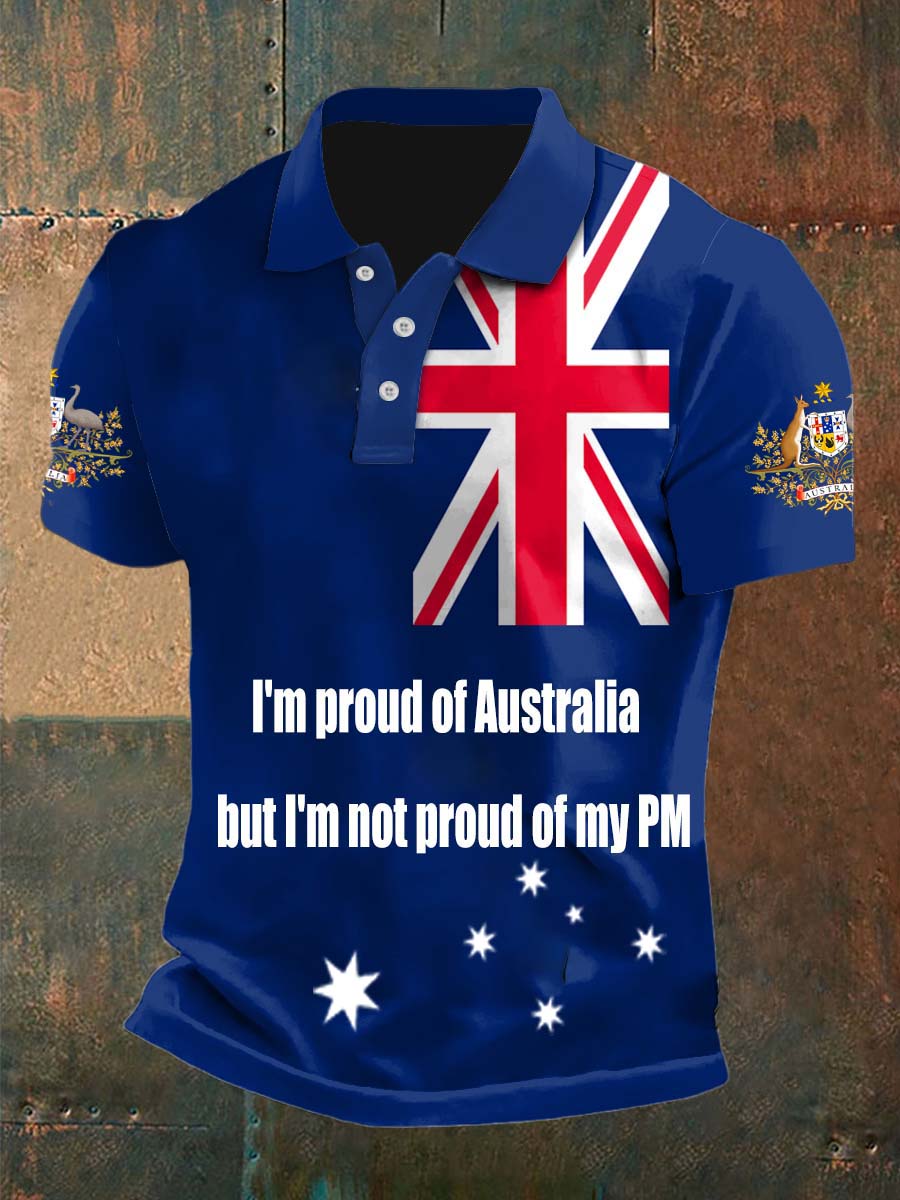 Vintage Australian Flag Badge Slogan Printed Casual Cotton Short Sleeve Polo Shirt