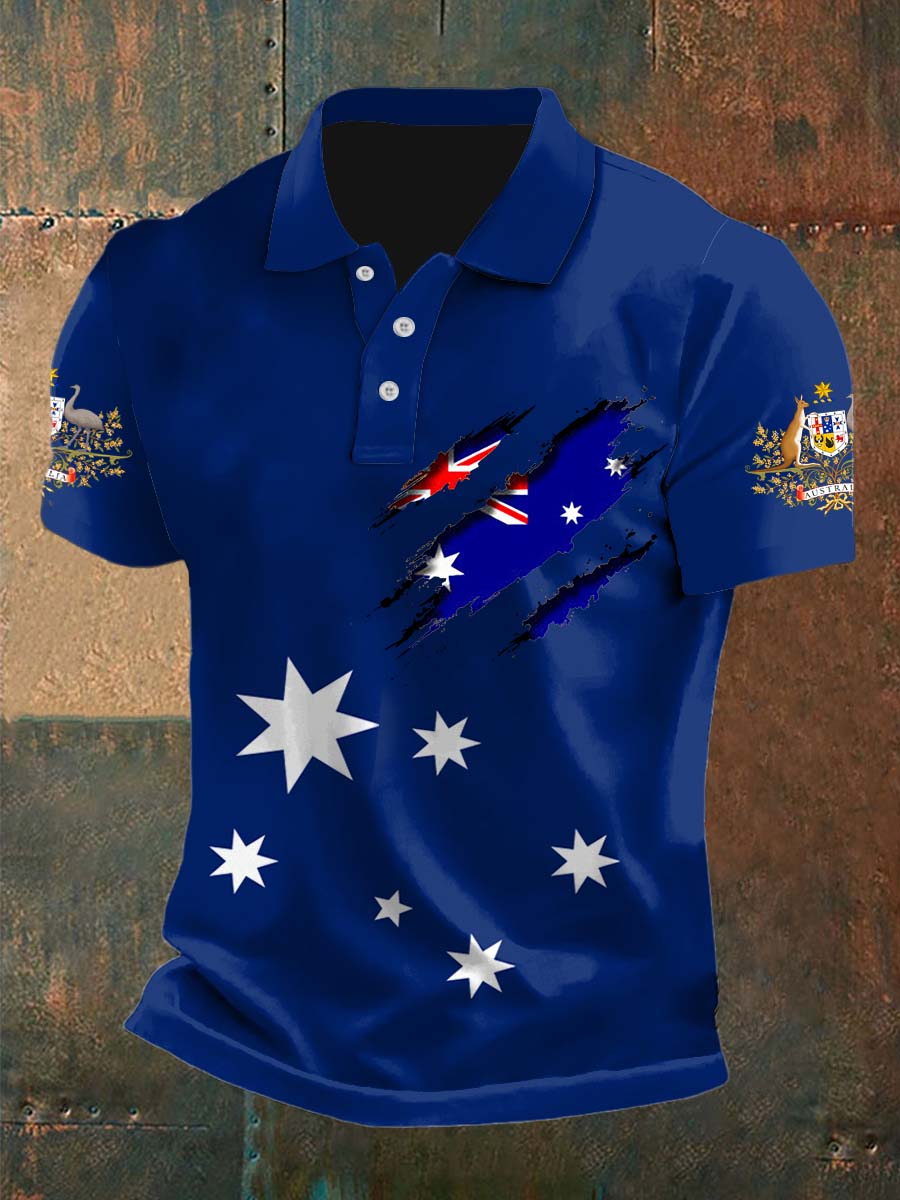 Vintage Australian Flag Badge Cracked Printed Casual Cotton Short Sleeve Polo Shirt