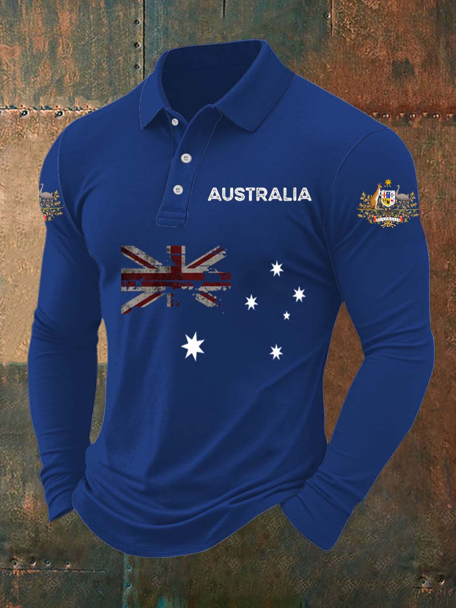 Vintage Australian Flag Badge Printed Casual Cotton Long Sleeve Polo Shirt