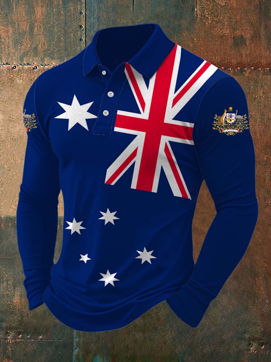 Vintage Australian Flag Badge Printed Casual Cotton Long Sleeve Polo Shirt