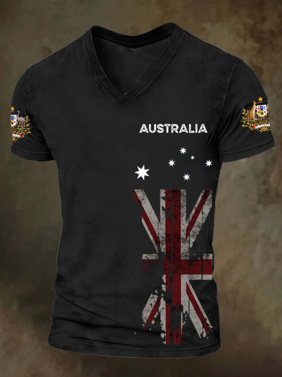 Vintage Australian Flag Badge Print Comfortable Casual Cotton V-neck T-shirt