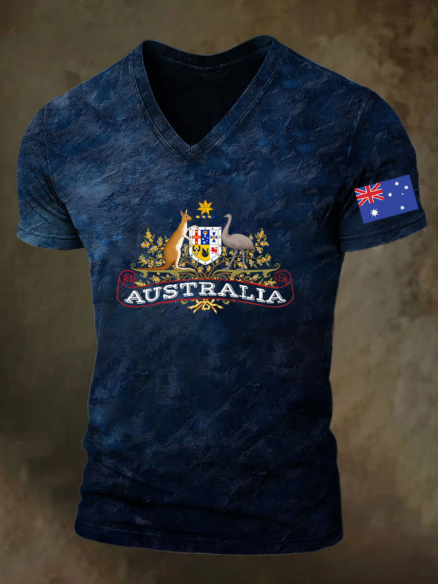 Unisex Vintage Australian Flag Badge Print V-Neck Short Sleeve T-Shirt