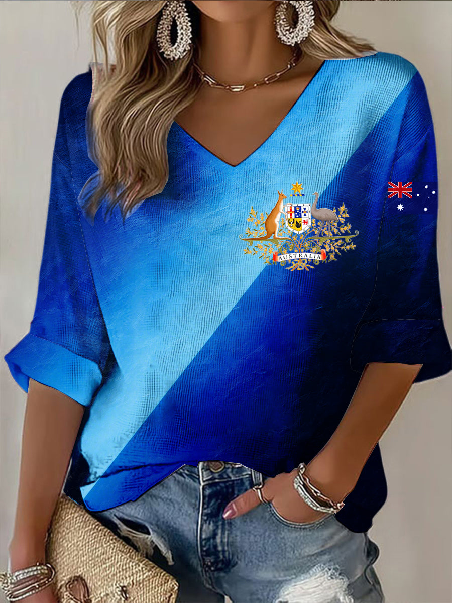 Retro Australian Flag Emblem with Gradient Lines Print Casual Cotton Waffle Long Sleeve T-Shirt