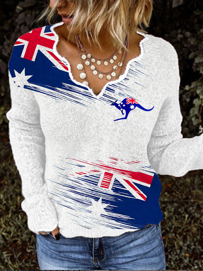 Women's Australian Flag Print V-Neck Casual Long Sleeve Top