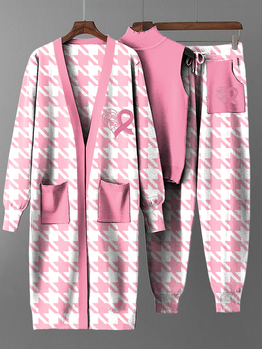 Women's Vintage Breast Cancer Houndstooth Long Coat Knit Three-Piece Set