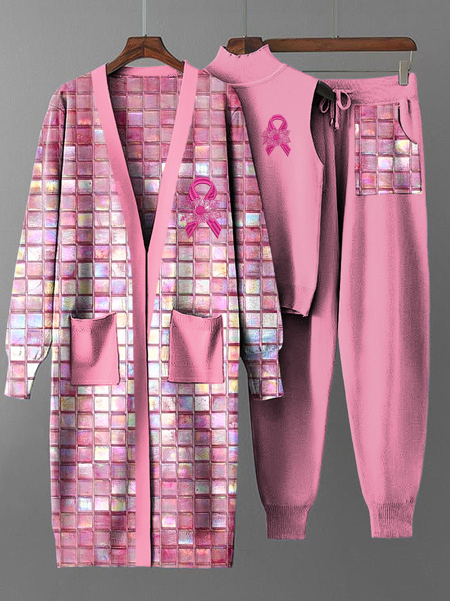 Women's Vintage Breast Cancer Ribbon Long Coat Knit Three-Piece Set
