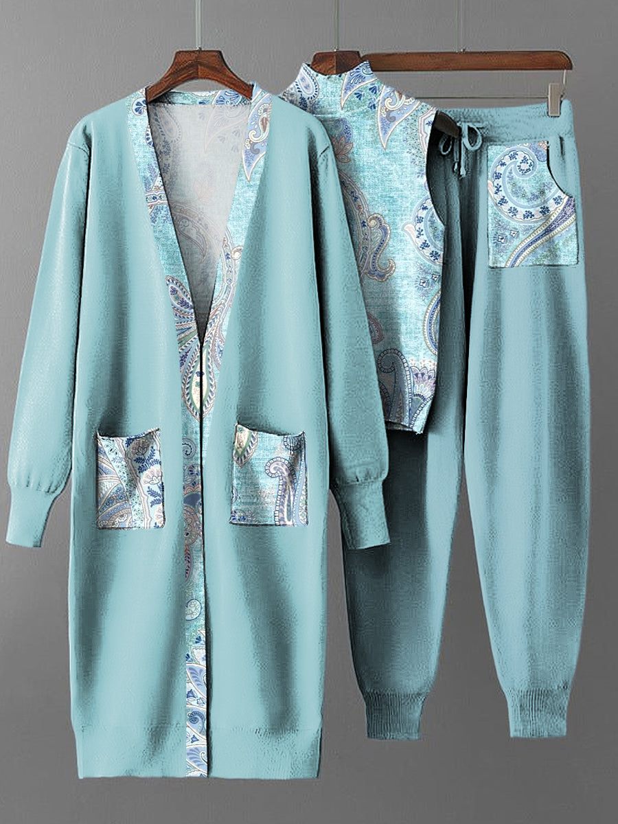 Women's Vintage Paisley Floral Long Coat Knit Three-Piece Set