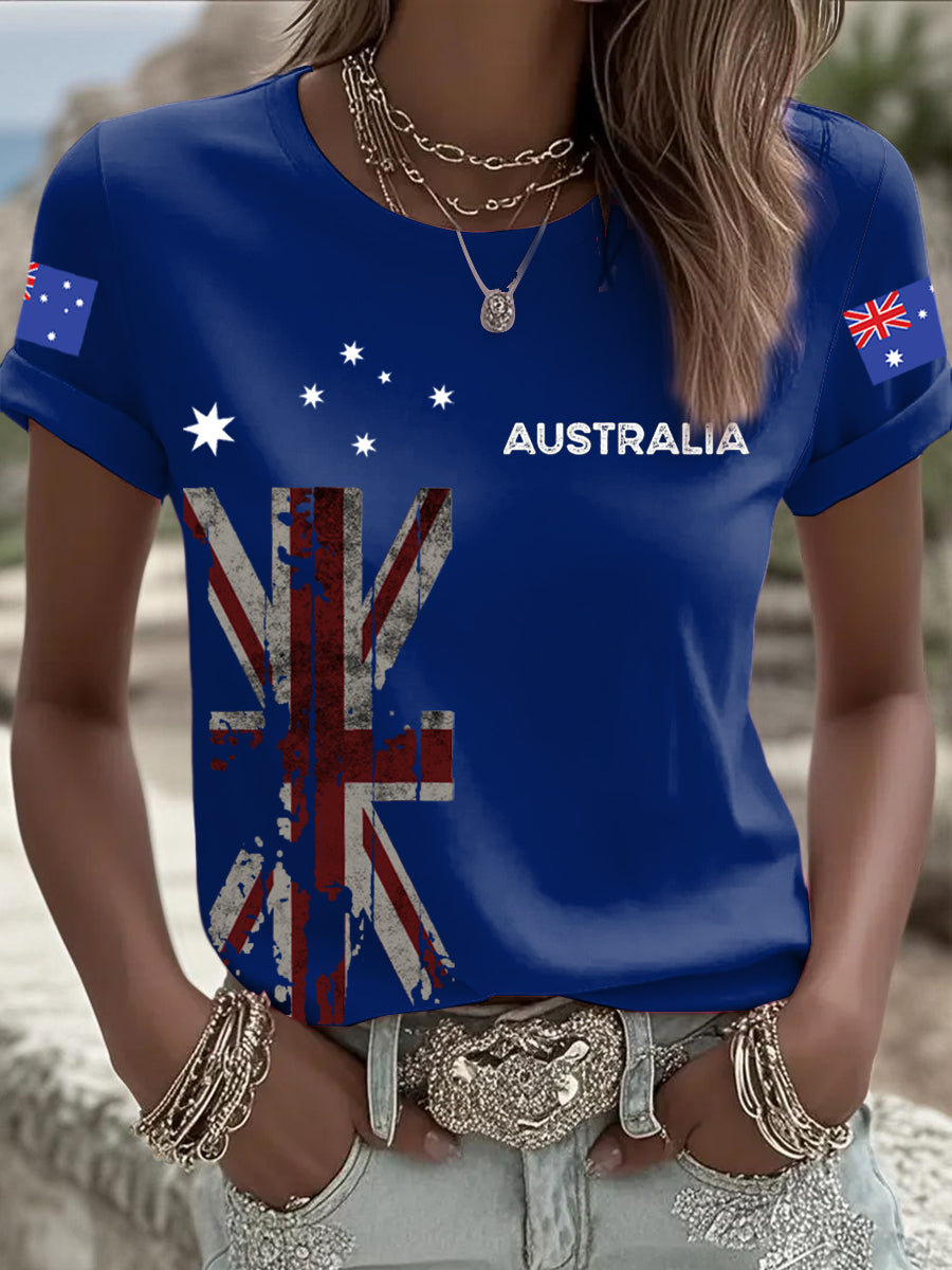 Retro Australian Flag Badge Print Comfortable Casual Cotton Short-sleeved T-shirt
