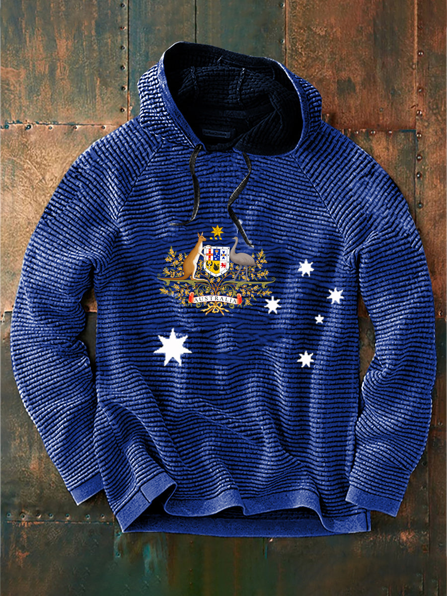Vintage Australian Flag Badge Print Casual Cotton French Terry Hoodie