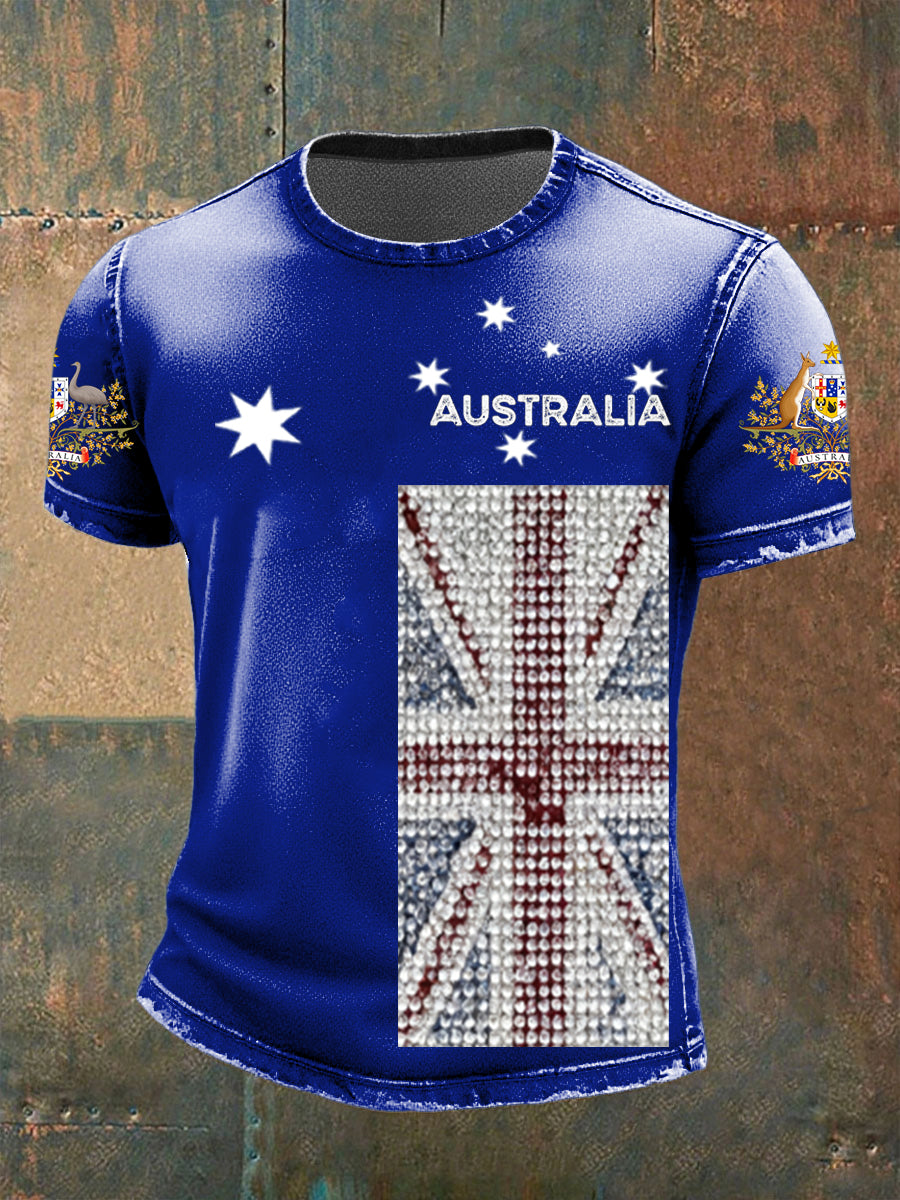 Vintage Australian Flag Badge Print Casual Cotton Short Sleeve T-Shirt