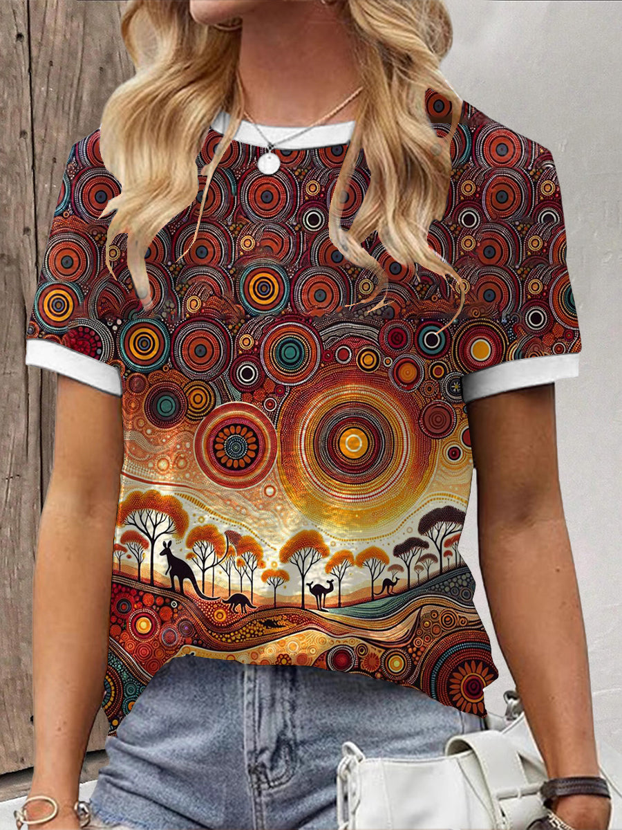 Women's Retro Australian Desert Pointillism Art Print Casual Cotton Short Sleeve T-Shirt