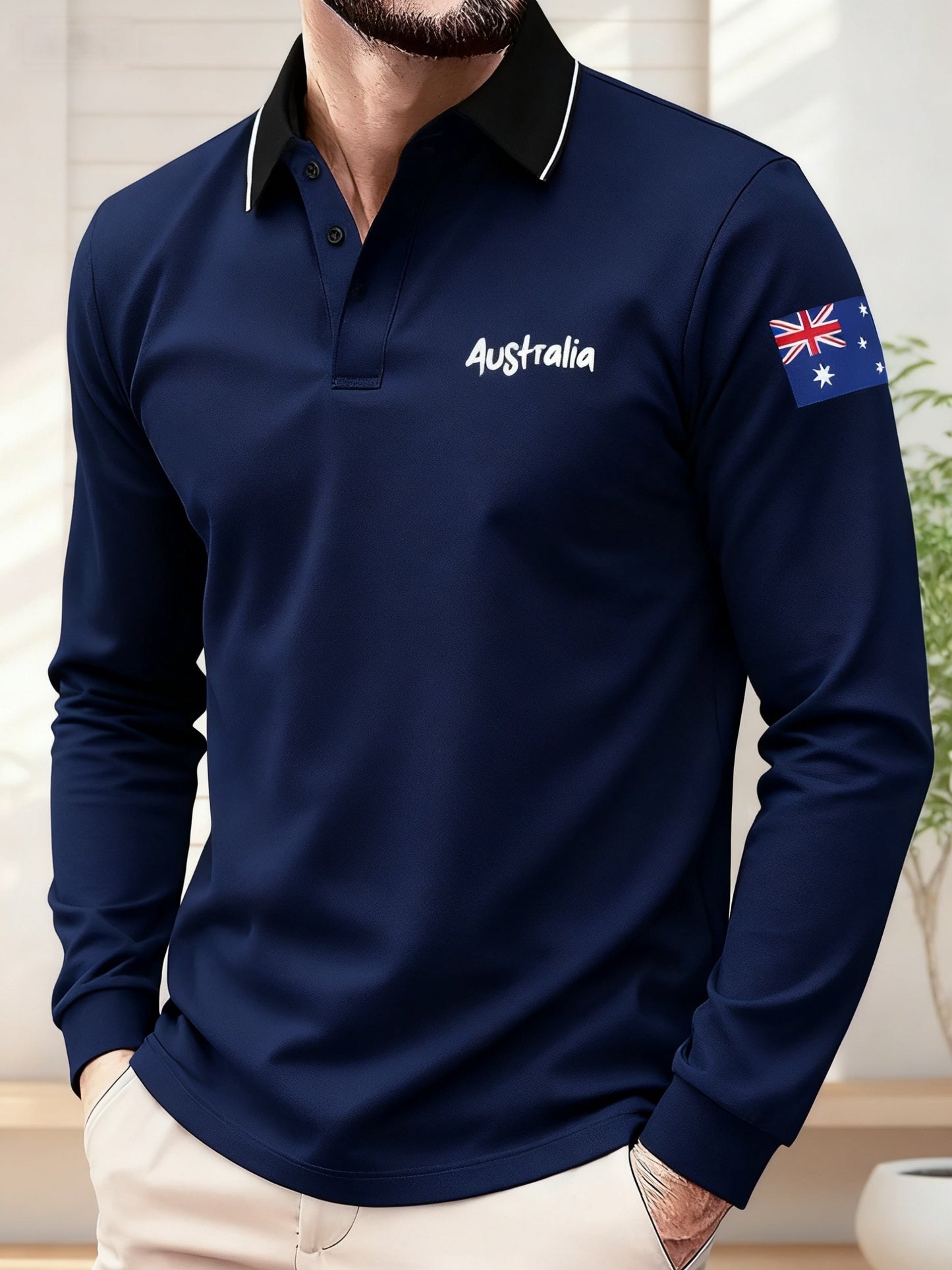 Retro Australian Flag Emblem Long-Sleeve Polo Shirt