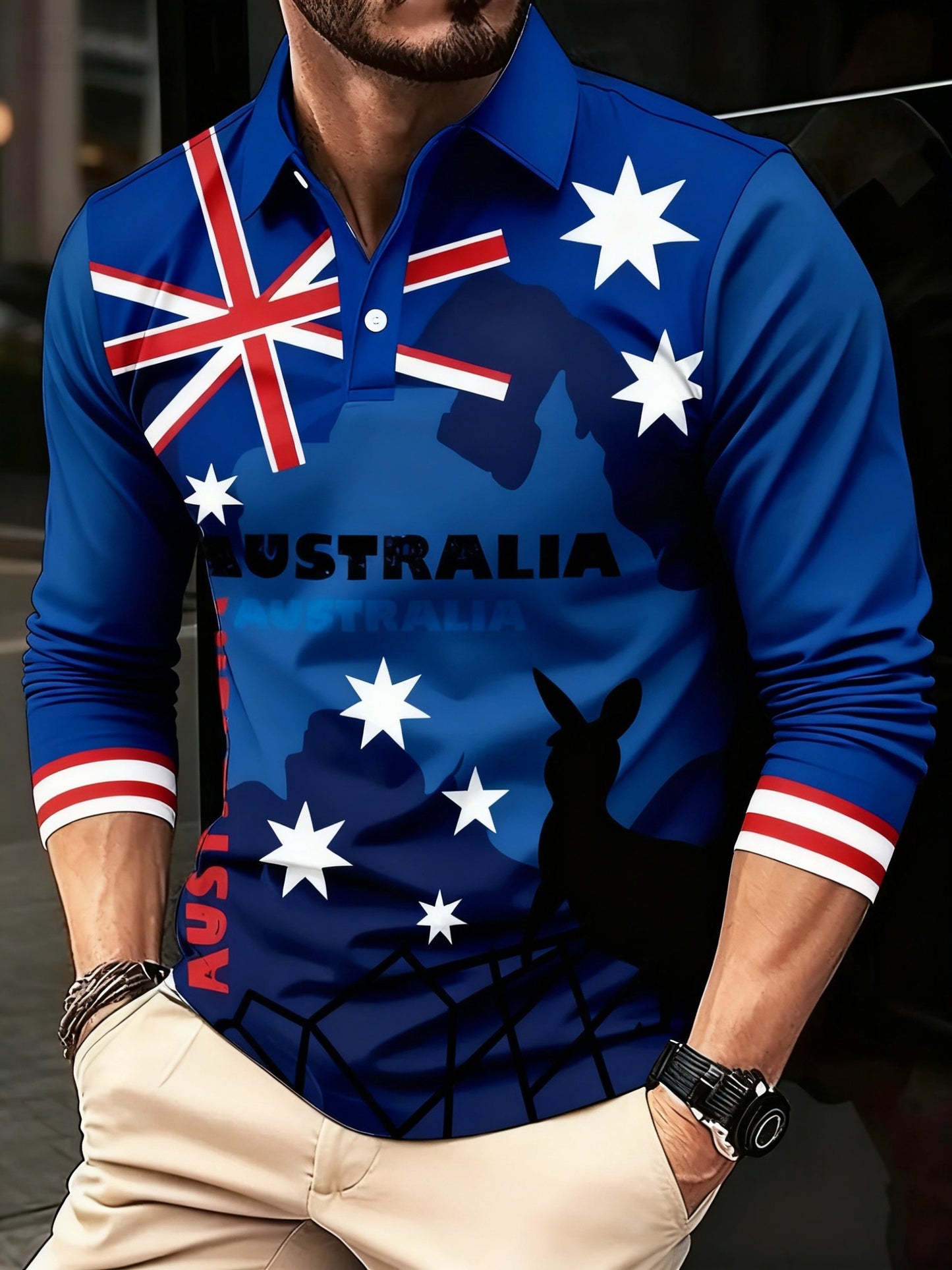 Retro Australian Flag Emblem Long-Sleeve Polo Shirt