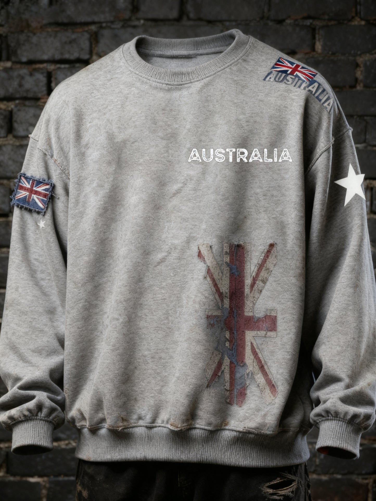 Vintage Australian Flag Badge Print Casual Long Sleeve Crew Neck Sweatshirt