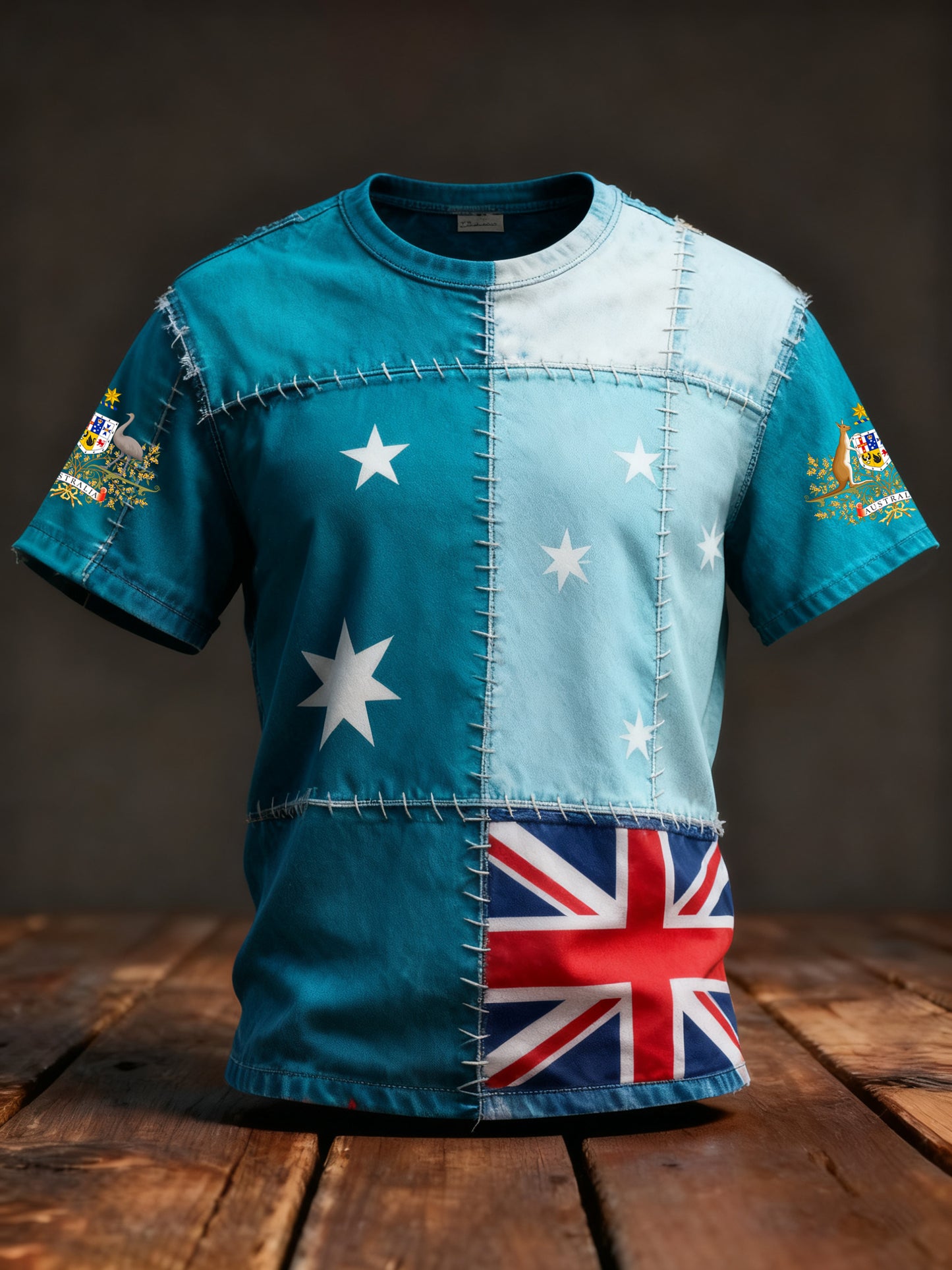 Retro Australian Flag Patch Patchwork Print Casual Cotton Short Sleeve T-Shirt