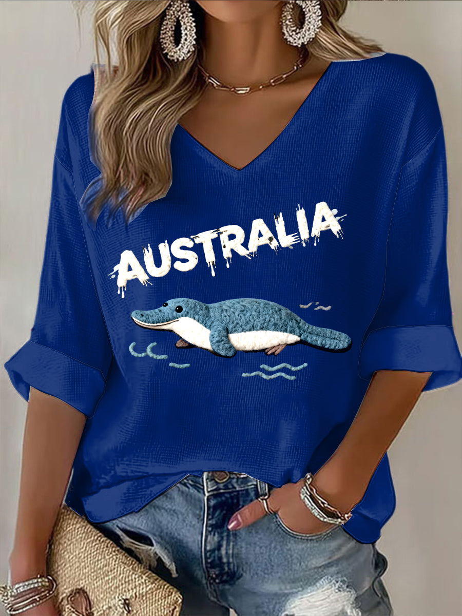 Retro Australian Felt Animals Print Casual Cotton Waffle Long Sleeve T-Shirt