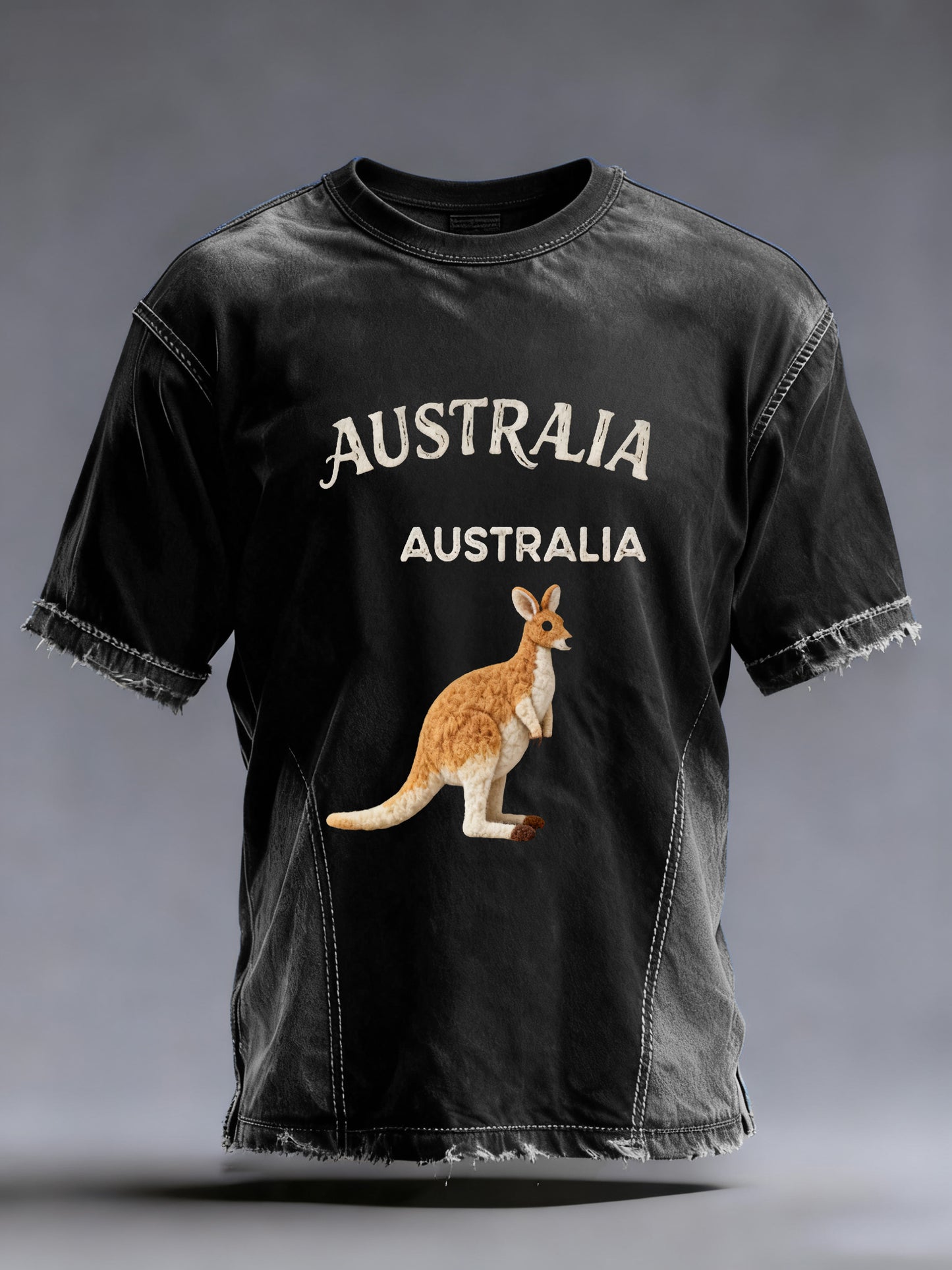 Vintage Australian Felt Art Kangaroo Print Casual Patchwork Distressed Short Sleeve T-Shirt
