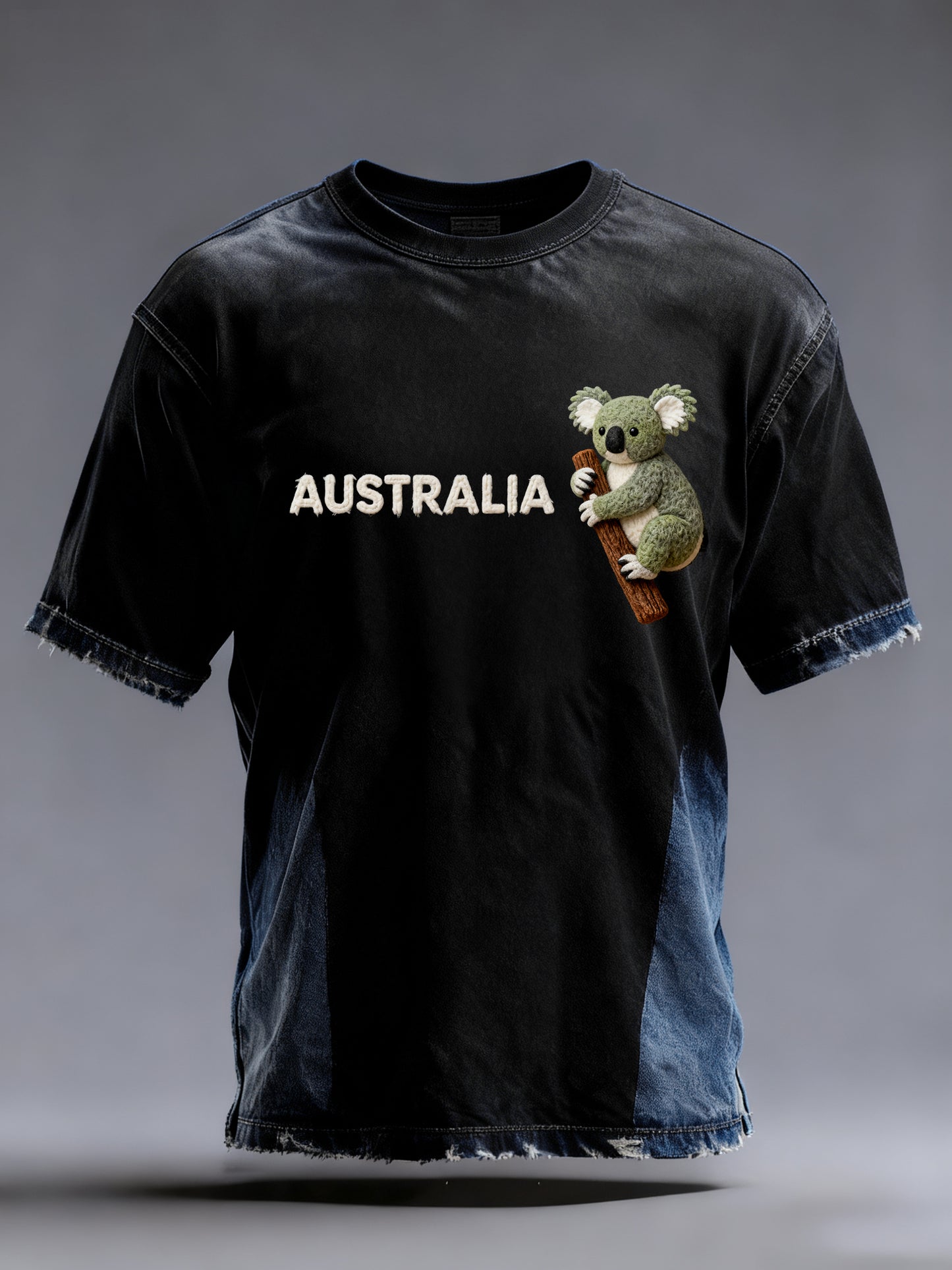 Vintage Australian Felt Art Koala Print Casual Patchwork Distressed Short Sleeve T-Shirt