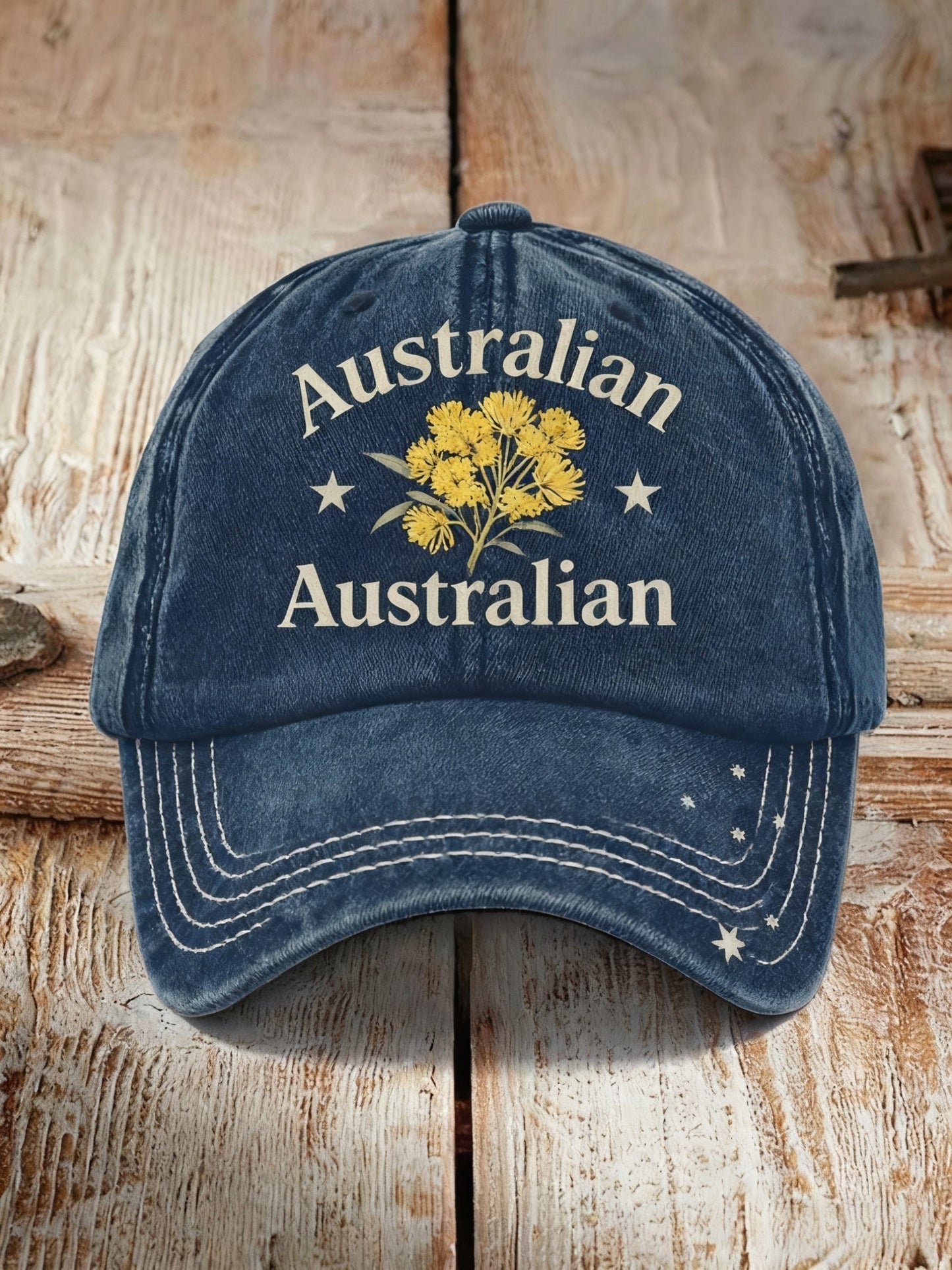 Retro Australian Emblem Golden Wattle Casual Print Washed Hat