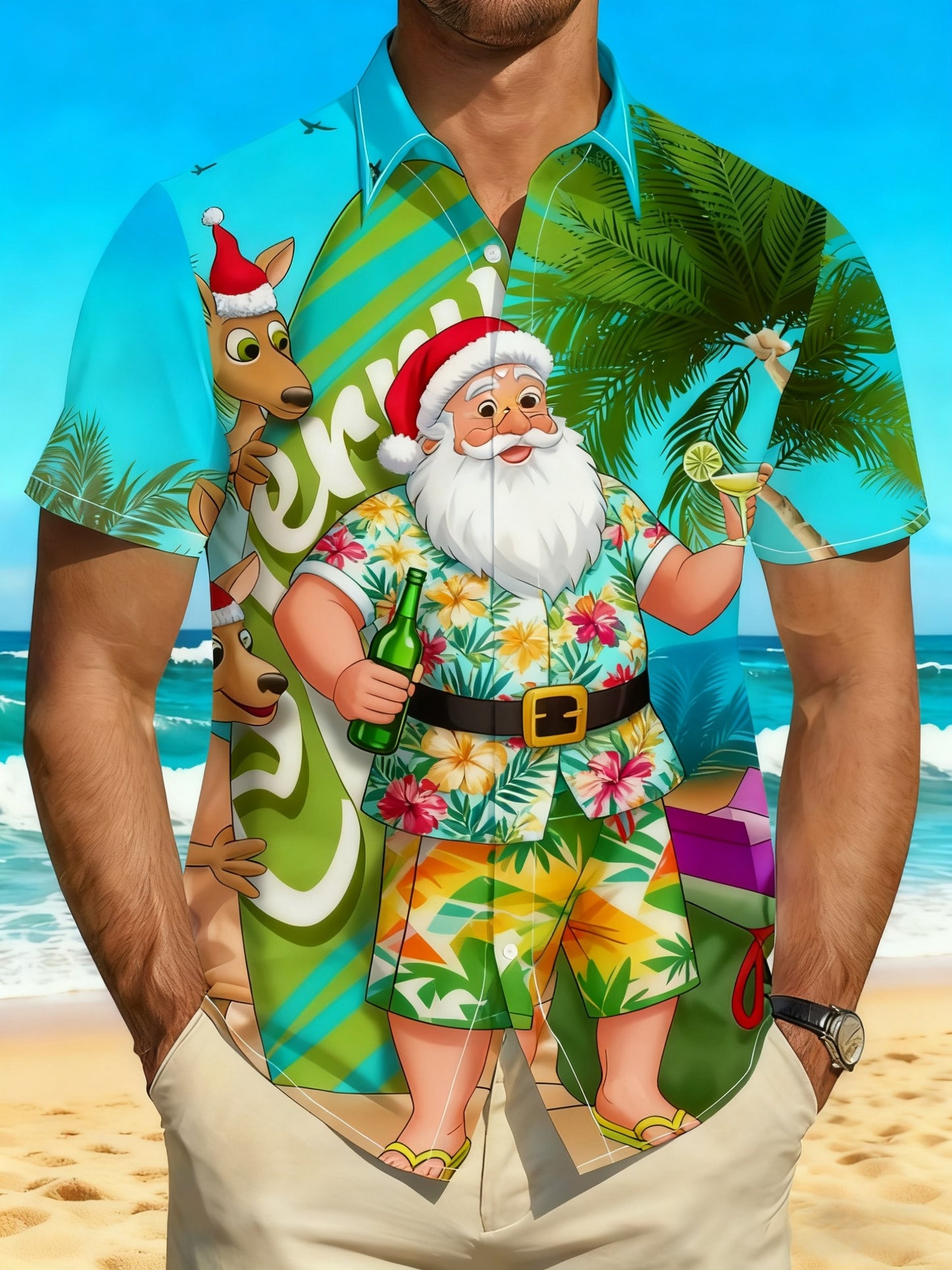 Men's Retro Australian Christmas Santa Claus Beach, Beer Abstract Print Casual Cotton Short Sleeve Shirt