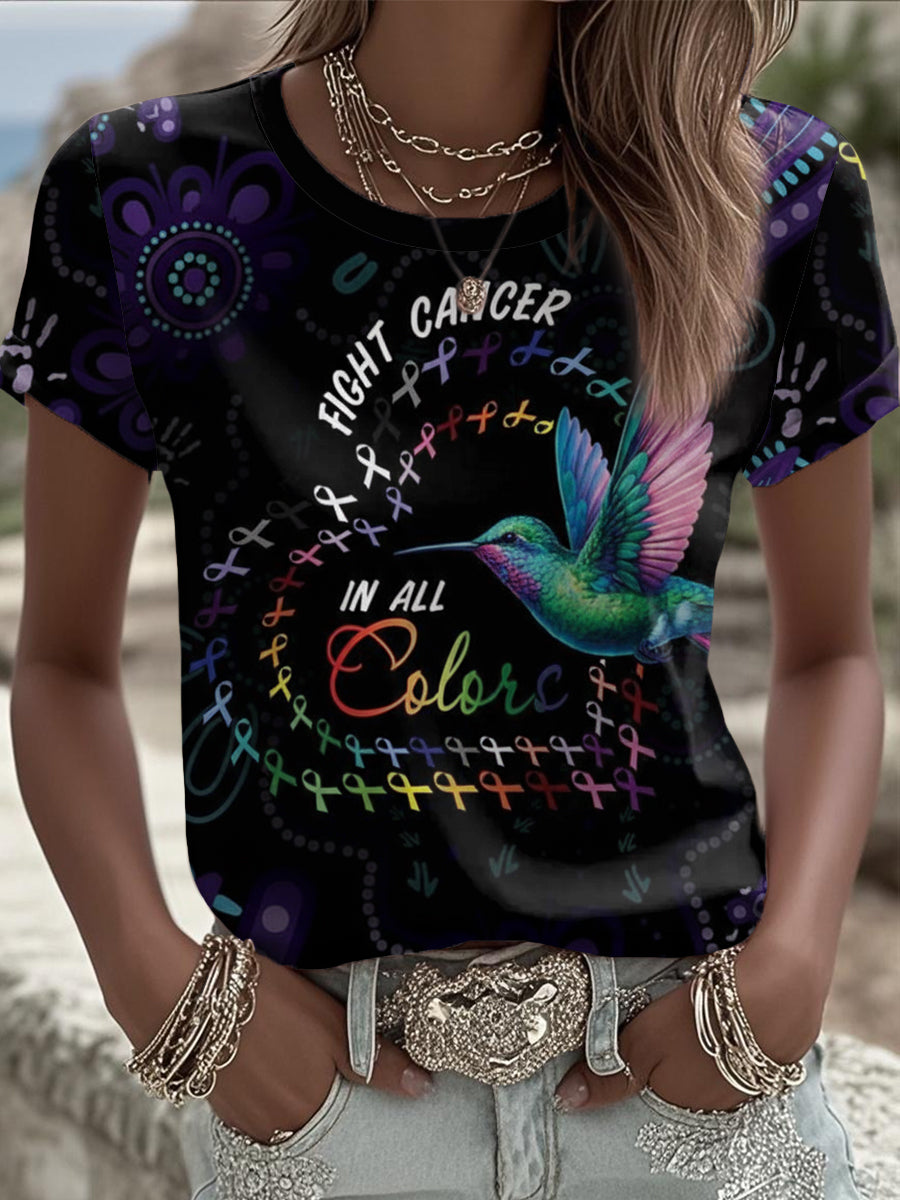 Women's Fight Cancer In All Color Printed T-shirt