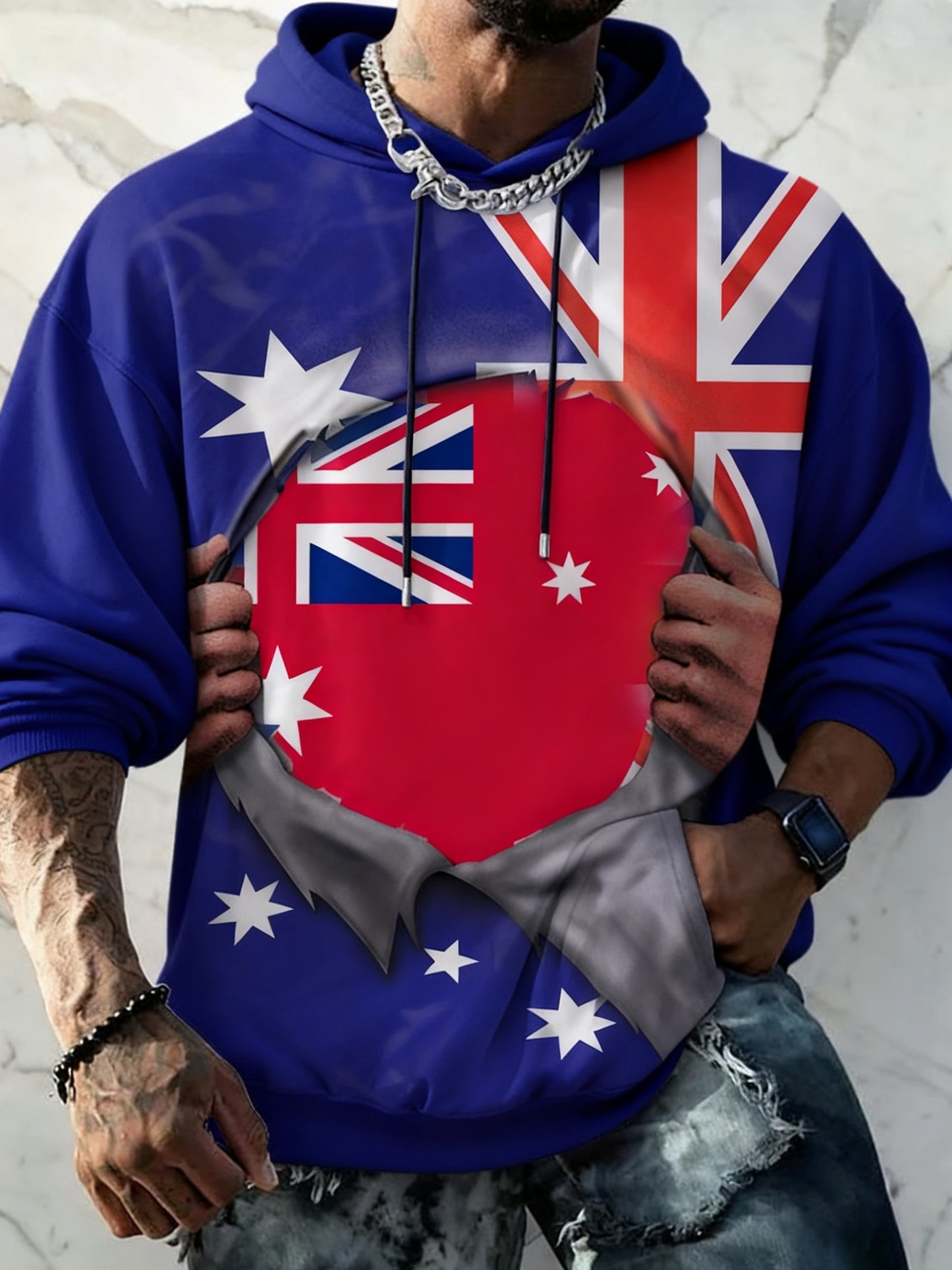 Retro Australian Flag Abstract Print Casual Long Sleeve Hooded Sweatshirt