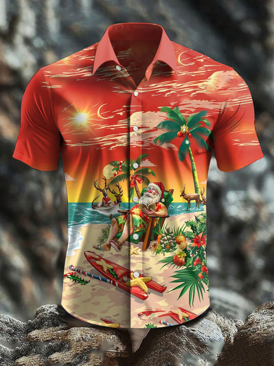 Men's Retro Australian Christmas Beach Art Abstract Print Casual Cotton Short Sleeve Shirt