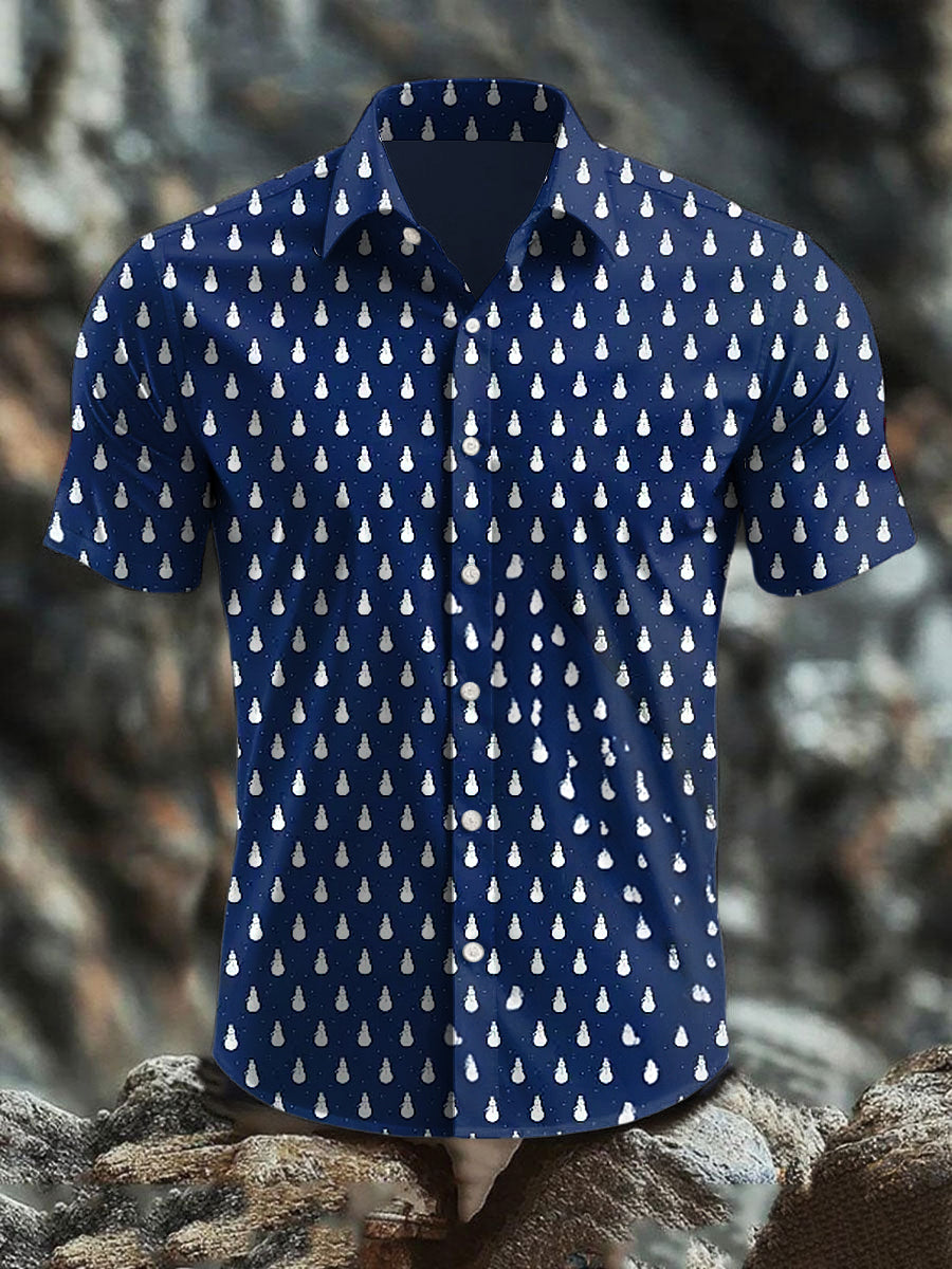 Men's Retro Christmas Snowman Art Abstract Print Casual Cotton Short Sleeve Shirt