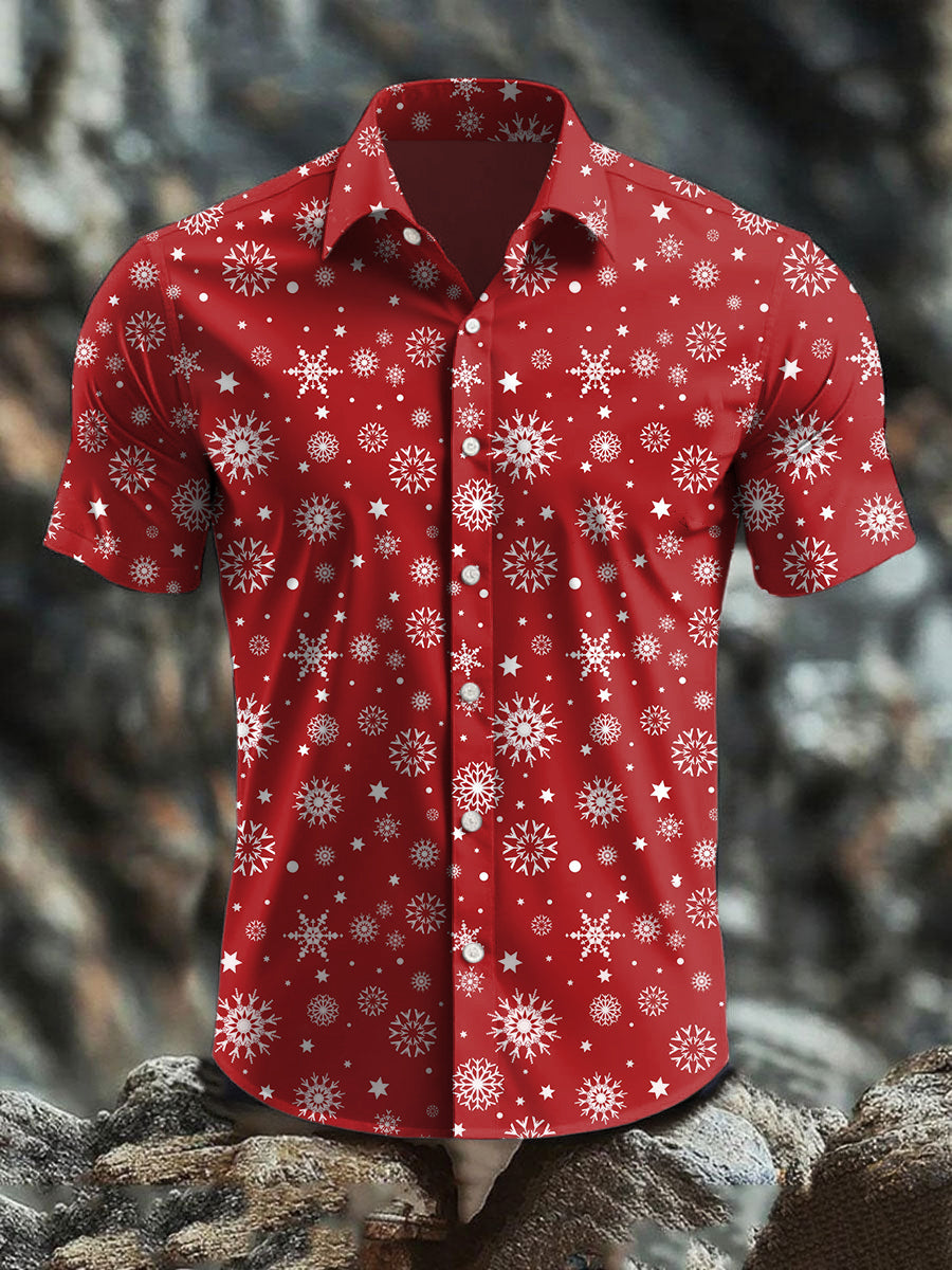 Men's Retro Christmas Snowflake Art Abstract Print Casual Cotton Short Sleeve Shirt