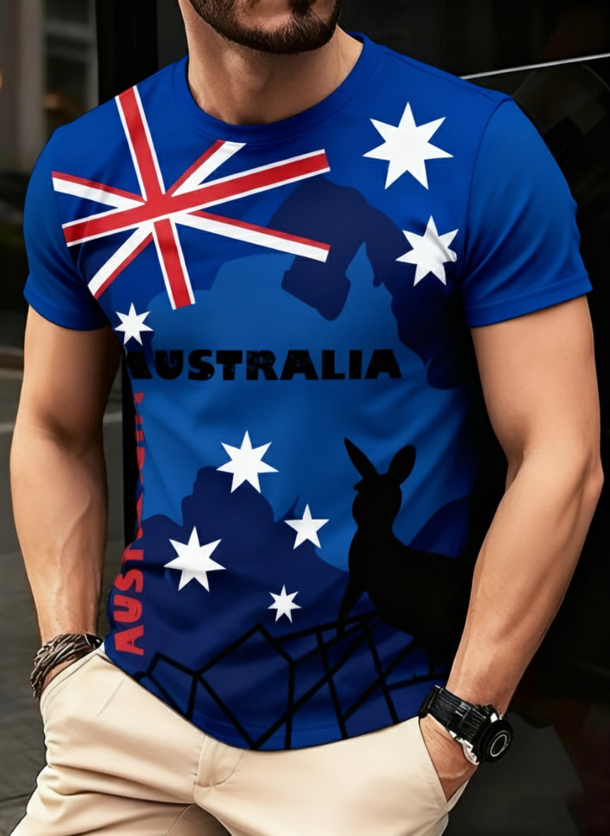 Vintage Australian Flag Badge Kangaroo Print Casual Cotton Short Sleeve T-Shirt